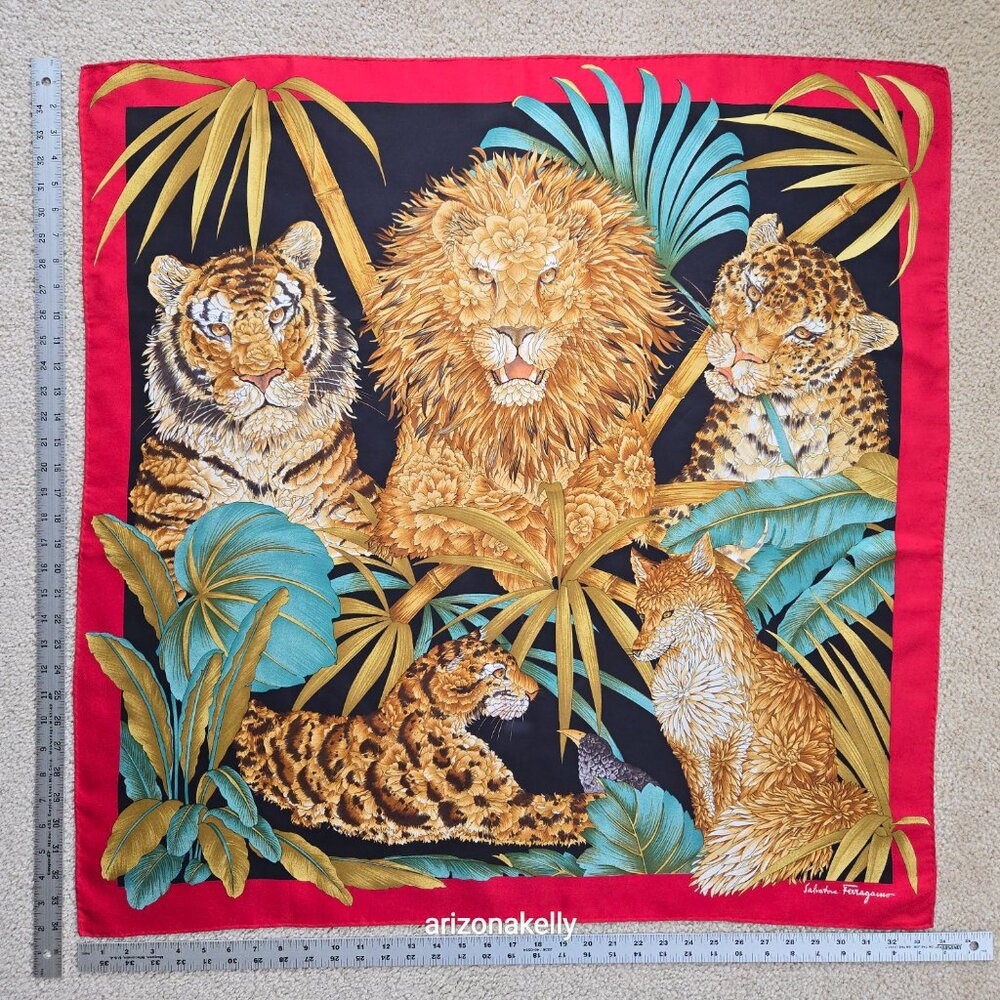 Salvatore Ferragamo Silk Scarf Big Cats Lion Tiger Fox Bird Leopard Floral - Picture 8 of 14